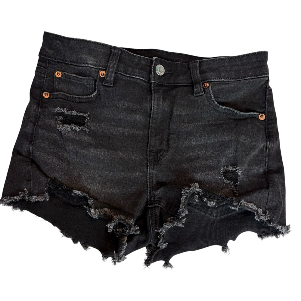 American Eagle black stretch denim distressed cutoff jean shorts size 4 - Picture 2 of 9